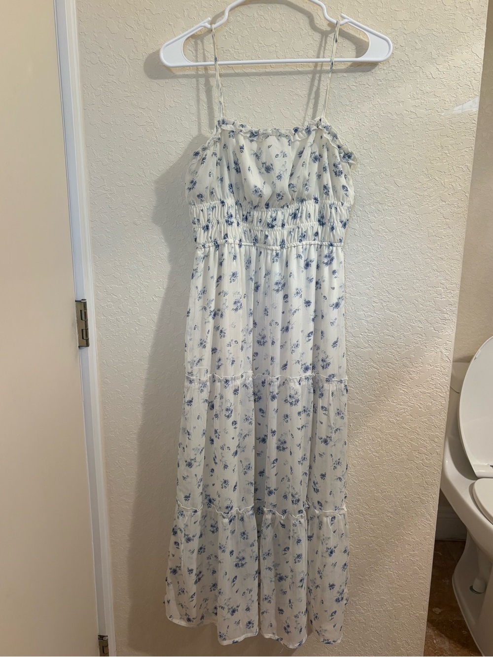 Women's White Maxi Slip Dress with Delicate Blue Floral Print